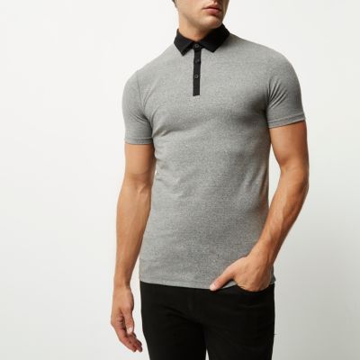 Grey contrast muscle fit polo shirt